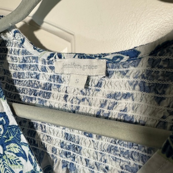 Jennifer Grace Floral Button Down Top Crochet Trim Boho Blouse Blue White S - Picture 2 of 6